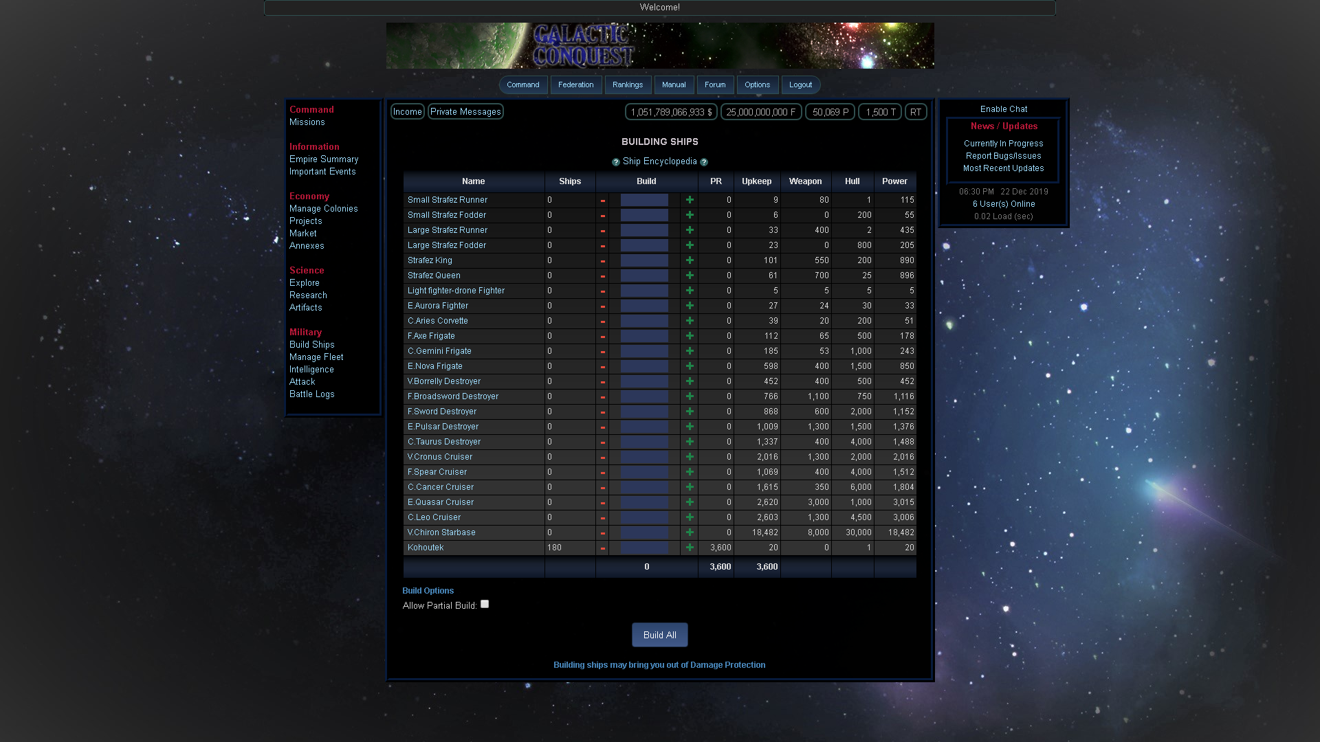 Screenshot of Galactic Conquest game interface showing empire management, space exploration, and strategic controls